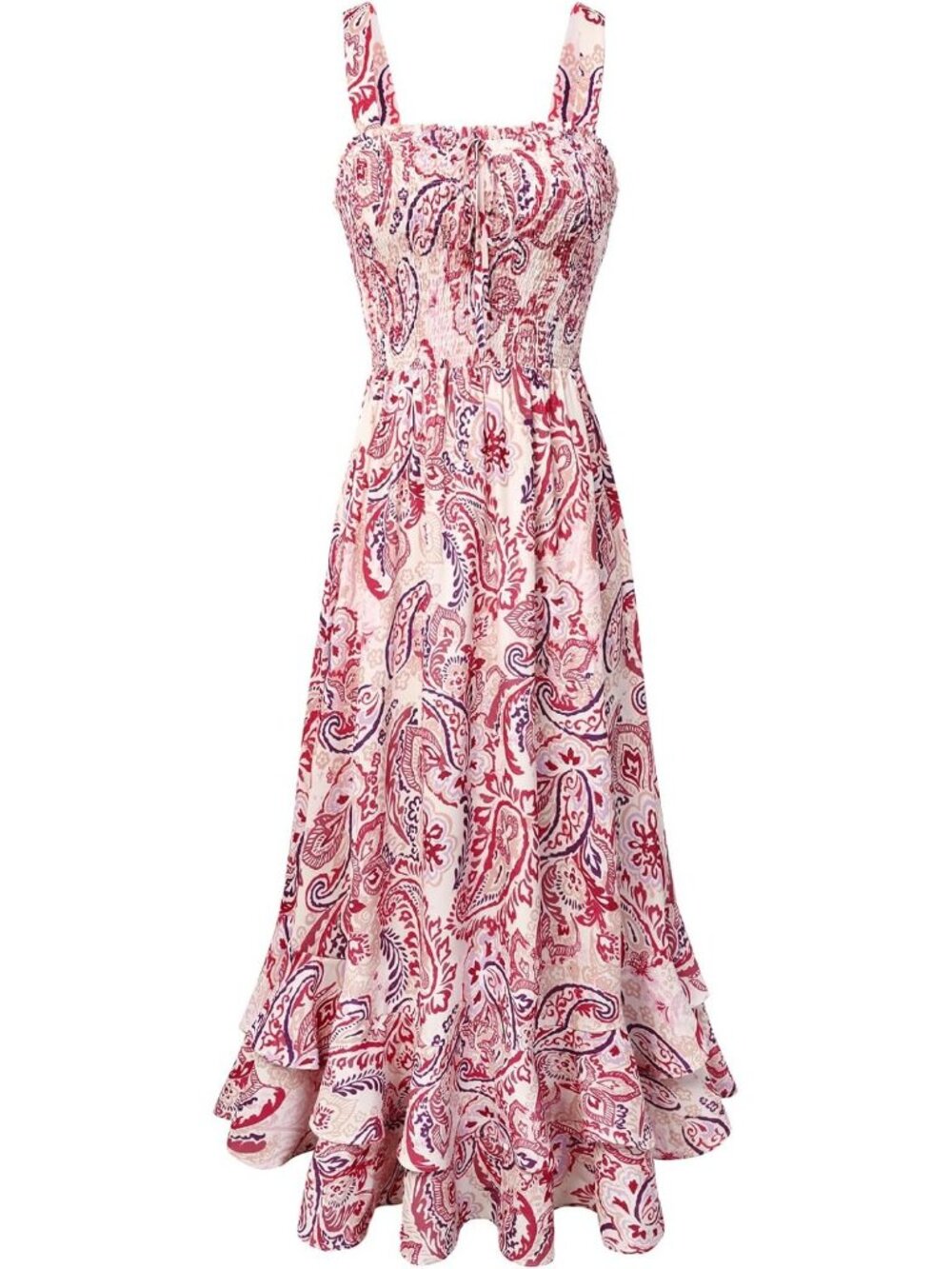 Women's Summer Floral Boho Dress Pink Flower Square Neck Strapped Swing A Line